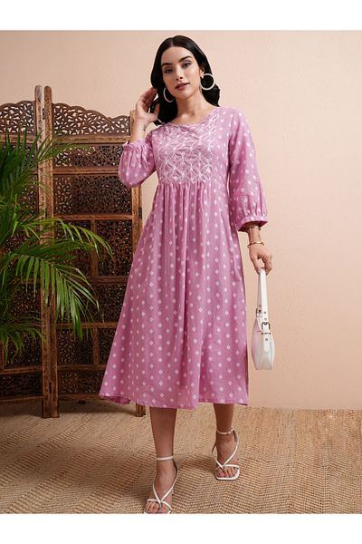 Vishudh By Styli All Over Printed A-Line Midi Dress with Cuffed Sleeves