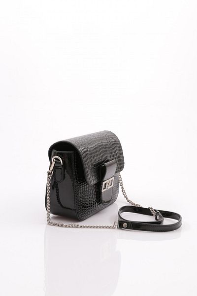 DGN Black Patent Leather Croco - Women's Bag with Chain and Shoulder Strap
