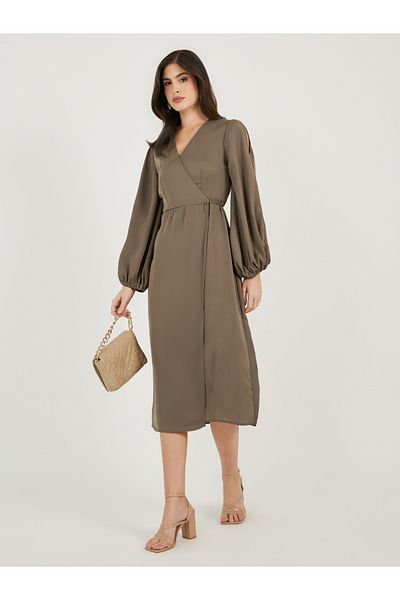 Styli Wrap Front Balloon Sleeves Midi Dress