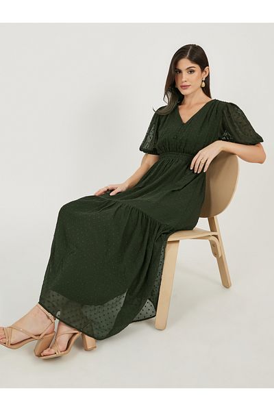 Styli Dobby Textured Puff Sleeves A-Line Midi Dress