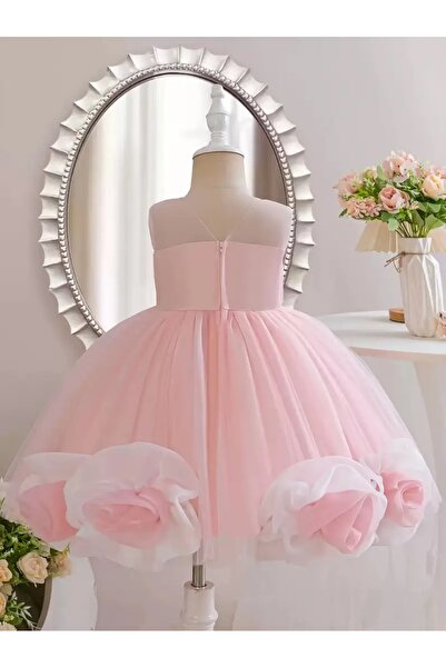 Modakido Pembe-Beyaz Şifon Güllerle Süslenmiş, Özel Gün/1 Yaş Doğum Günü Abiyesi Kız Çocuk/Kız Bebek