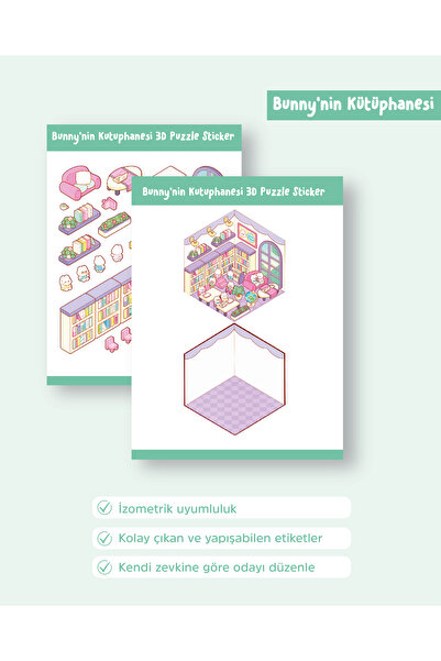 WALLHUMAN Sticker Puzzle 30 Parça İzometrik Sticker - Bunny'nin Kütüphanesi