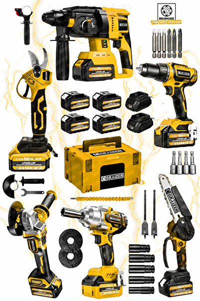 Graizer Profesyonel 6’lı Akülü Makine Seti Akülü Taşlama Budama Kırıcı Delici Makas Somun Sökme Vidalama