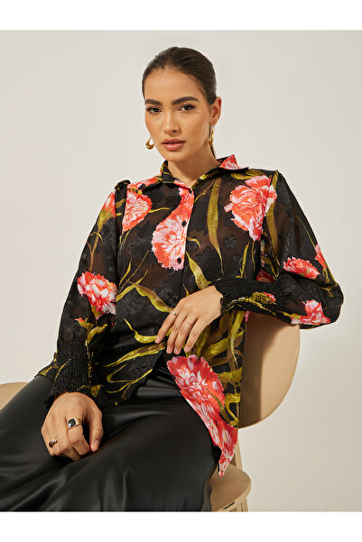 Styli قميص بطبعة زهور وأكمام مطوية وياقة