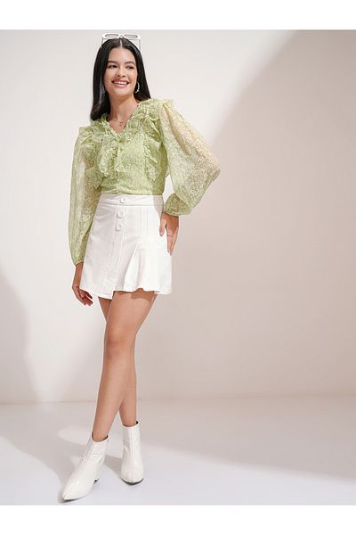 Tokyo Talkies By Styli Floral Print Ruffles Detail Balloon Sleeve Georgette Top