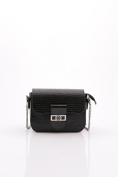 DGN Black Patent Leather Croco - Women's Bag with Chain and Shoulder Strap
