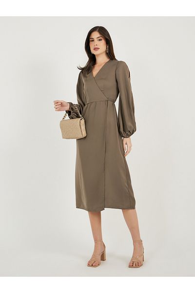 Styli Wrap Front Balloon Sleeves Midi Dress