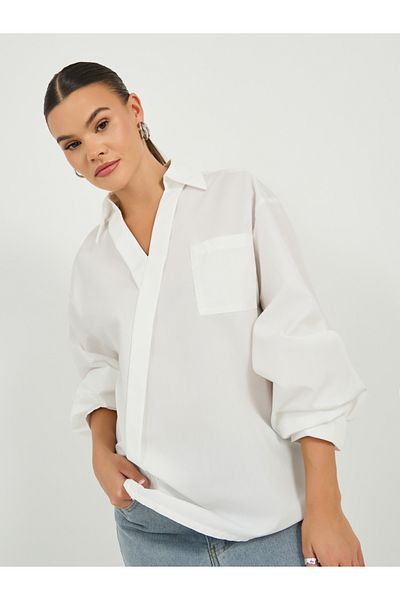 Styli Oversized Wrap Collared Blouse with Pocket Detail