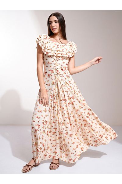 Tokyo Talkies By Styli Floral Print A-Line Maxi Dress with Waist Tie-Up Detail