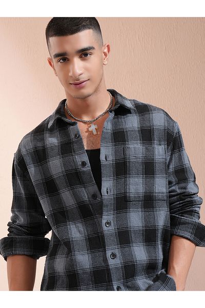 Highlander By Styli Checked Oversized Collared Shirt with Pocket
