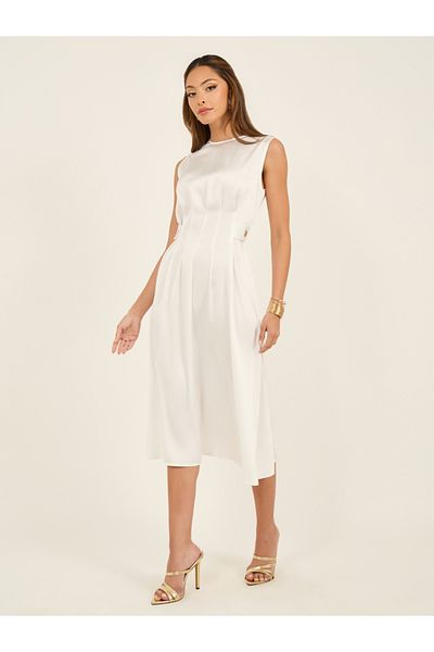 Styli Box Pleated Detail Sleeveless A-Line Midi Dress