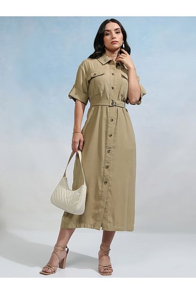 Tokyo Talkies By Styli Collared Shirt Midi Dress with Flap Pockets