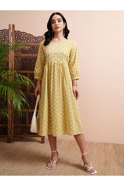 Vishudh By Styli All Over Printed A-Line Midi Dress with Cuffed Sleeves