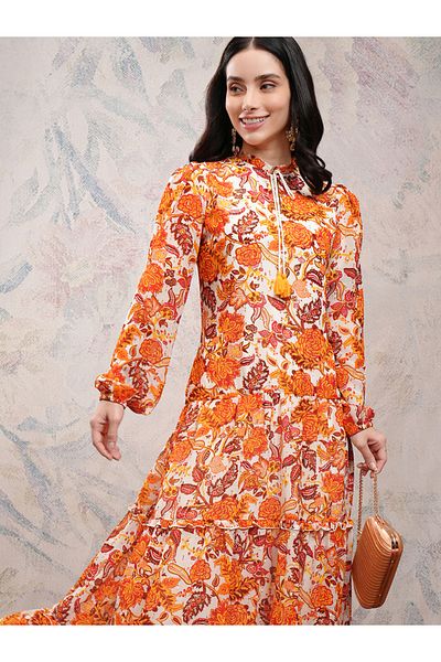 Vishudh By Styli Floral Print Tie-Up Neck Tiered Maxi Dress