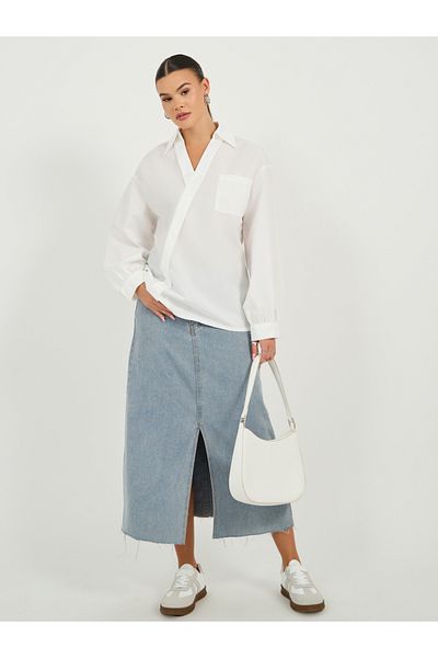 Styli Oversized Wrap Collared Blouse with Pocket Detail