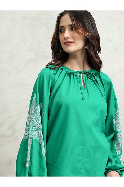 Tokyo Talkies By Styli Floral Print Balloon Sleeve Top with Tie-Up Neck