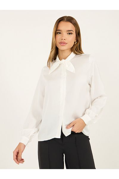 Styli Solid Regular Fit Blouse with Tie Up Neck Detail