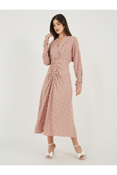 Styli فستان دوبي بأكمام طويلة وقصة A مع كشكش