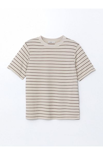 LC Waikiki Lcwaikiki Classic Ecru Crew Neck Striped Oversize Women's T-Shirt
