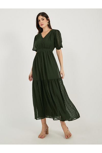 Styli Dobby Textured Puff Sleeves A-Line Midi Dress