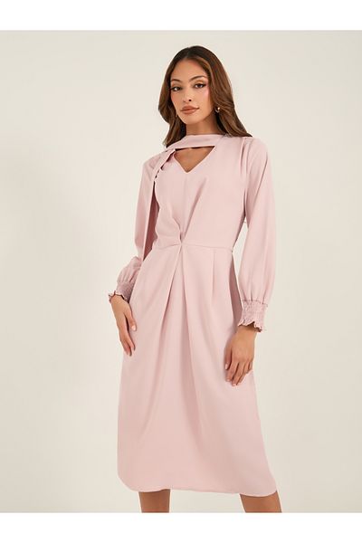 Luxewave By Styli Solid Pleated V Neck Midi Dress with Tie-Up Detail