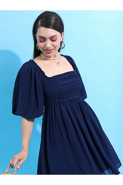 Tokyo Talkies By Styli Textured Puff Sleeve Gathered Detail Mini Dress