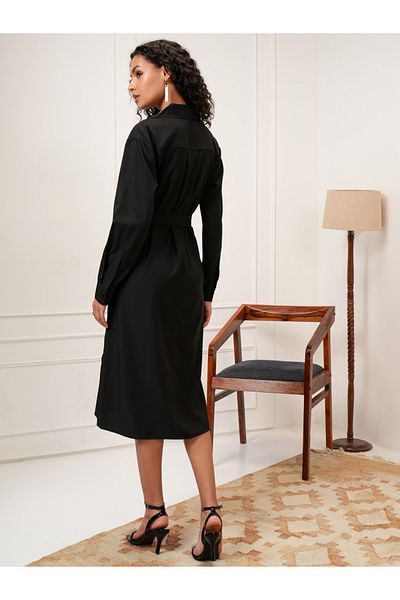Tokyo Talkies By Styli Solid Shirt Midi Dress with Waist Tie Detail