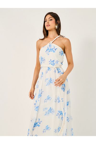 Styli All-Over Floral Print Braid Detail A-Line Maxi Dress