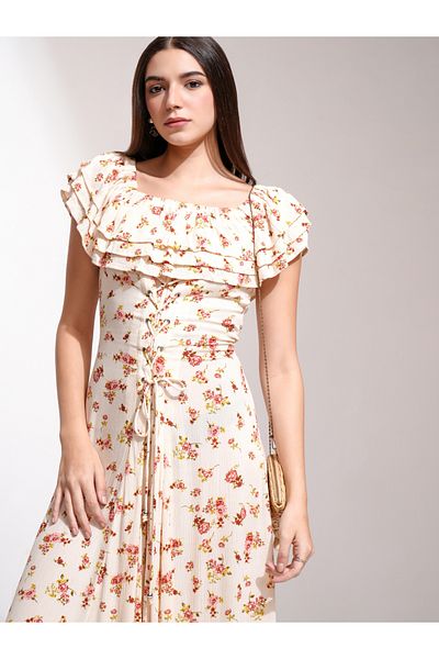 Tokyo Talkies By Styli Floral Print A-Line Maxi Dress with Waist Tie-Up Detail