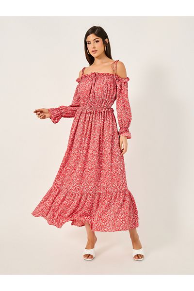 Styli Ditsy Print Off Shoulder A-Line Midi Dress