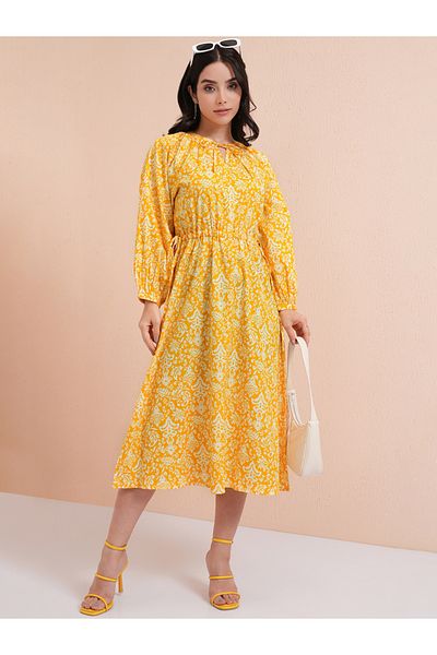 Tokyo Talkies By Styli Floral Print Balloon Sleeve Midi Dress with Ruched Waist Detail