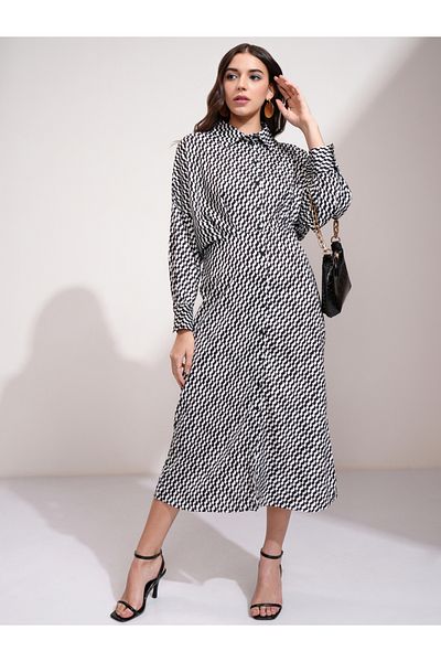 Tokyo Talkies By Styli All Over Print Shirt Midi Dress with Button Placket