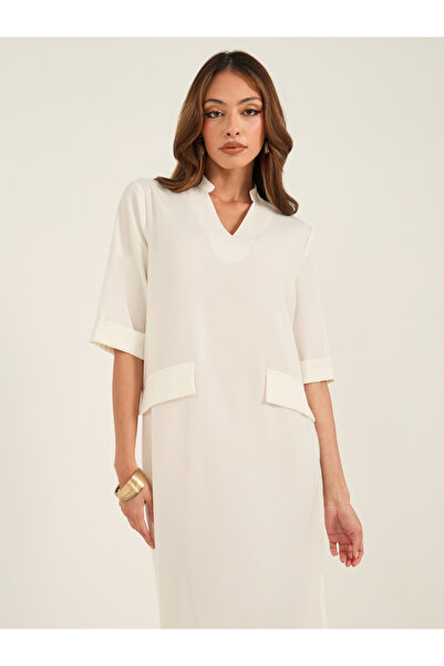 Luxewave By Styli Solid V-Neck Side Slit Midi Dress with Pockets Details