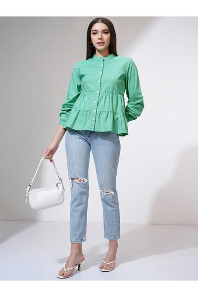 Tokyo Talkies By Styli Mandarin Collar Cotton Tiered Top