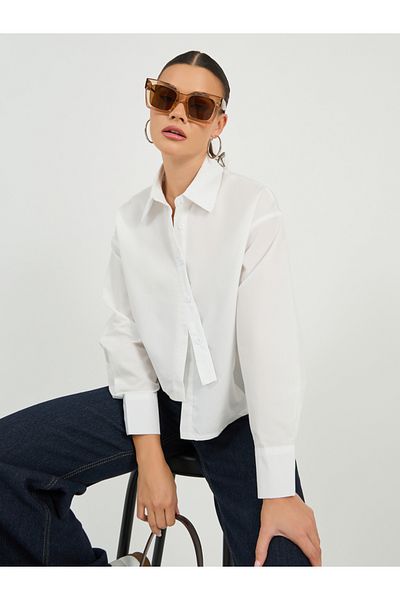 Styli Asymmetric Hem Boxy Shirt with Button Placket