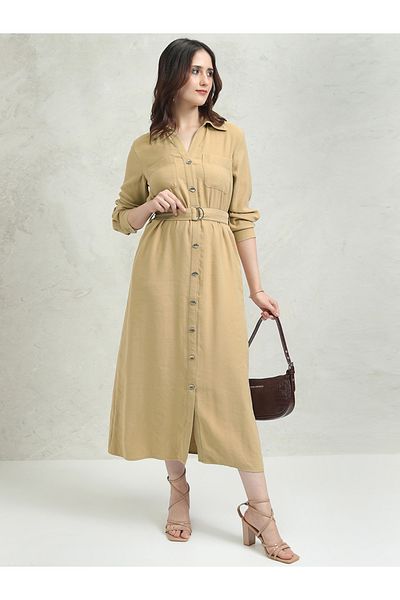 Tokyo Talkies By Styli Solid Pocket Detail Shirt Collar A-Line Midi Dress
