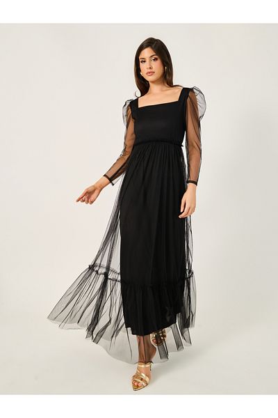 Styli Mesh Insert Square Neck A-Line Maxi Dress