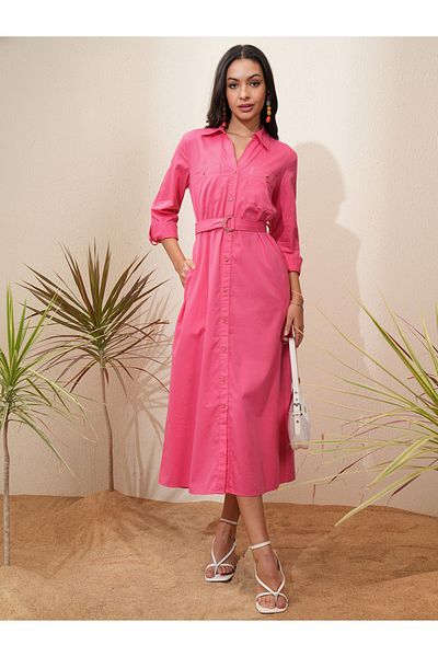Tokyo Talkies By Styli Solid Collared Shirt Midi Dress with Belt Detail