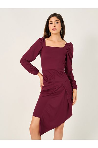 Styli Square Neck Asymmetric Hem Mini Dress with Gathered Detail