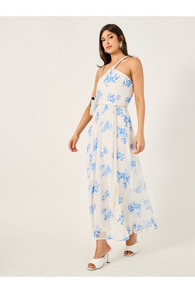 Styli All-Over Floral Print Braid Detail A-Line Maxi Dress