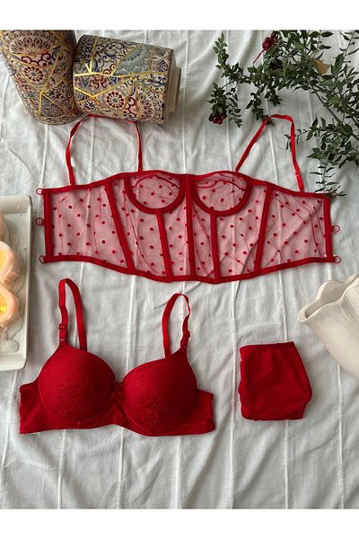 MAYA LİNGERİE Red Corset Bustier and Lingerie Set Fancy Clothing