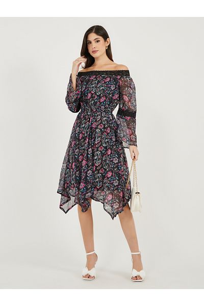 Styli Paisley Print Off Shoulder Asymmetric Hem Midi Dress
