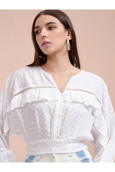Tokyo Talkies By Styli Dobby Batwing Sleeve Ruffle Detail Crop Top