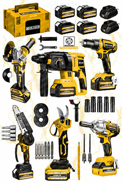 Graizer Profesyonel 6’lı Akülü Makine Seti Akülü Taşlama Budama Kırıcı Delici Makas Somun Sökme Vidalama