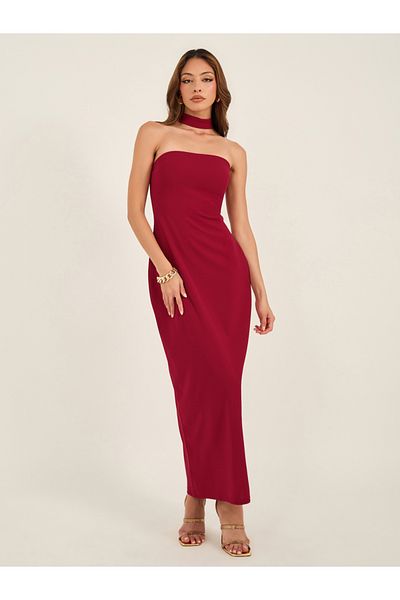 Luxewave By Styli Solid Choker Bandeau Neck Bodycon Maxi Dress