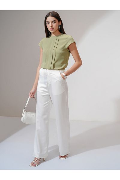 Tokyo Talkies By Styli Solid Front Pleated Top with Tie-Up Neck Detail