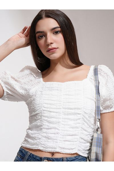 Tokyo Talkies By Styli Textured Puff Sleeve Square Neck Crop Top