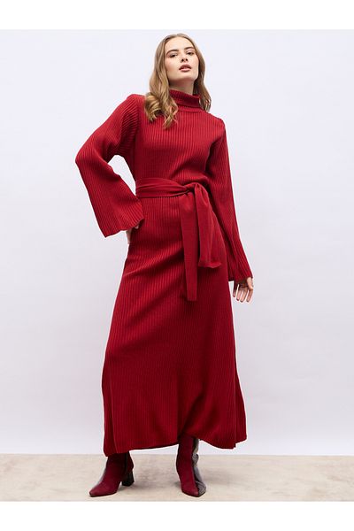 Styli Flat Knit Turtle Neck Maxi Dress with Tie-Belt