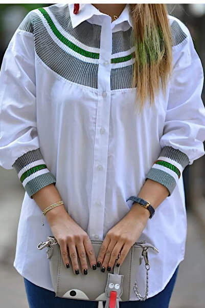 Qaju Зелено-біла трикотажна сорочка з бавовняної тканини - трикотажний комір,...