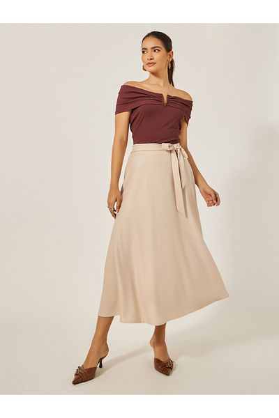 Styli High Rise A-Line Midi Skirt with Tie-Up Belt Detail